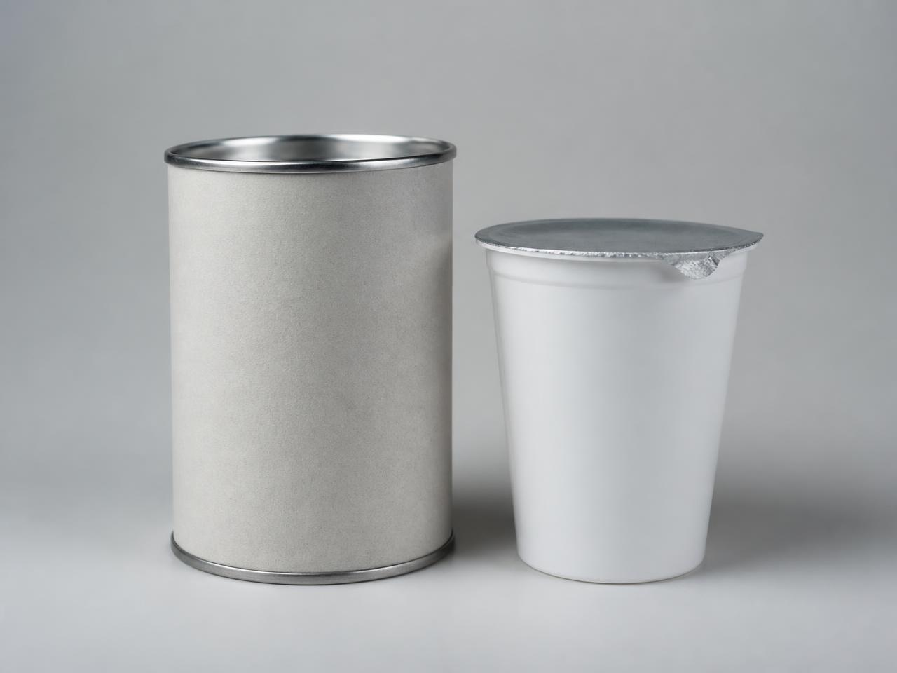 Unbedruckte Wickeldose und versiegelter Becher nebeneinander vor neutralem Hintergrund