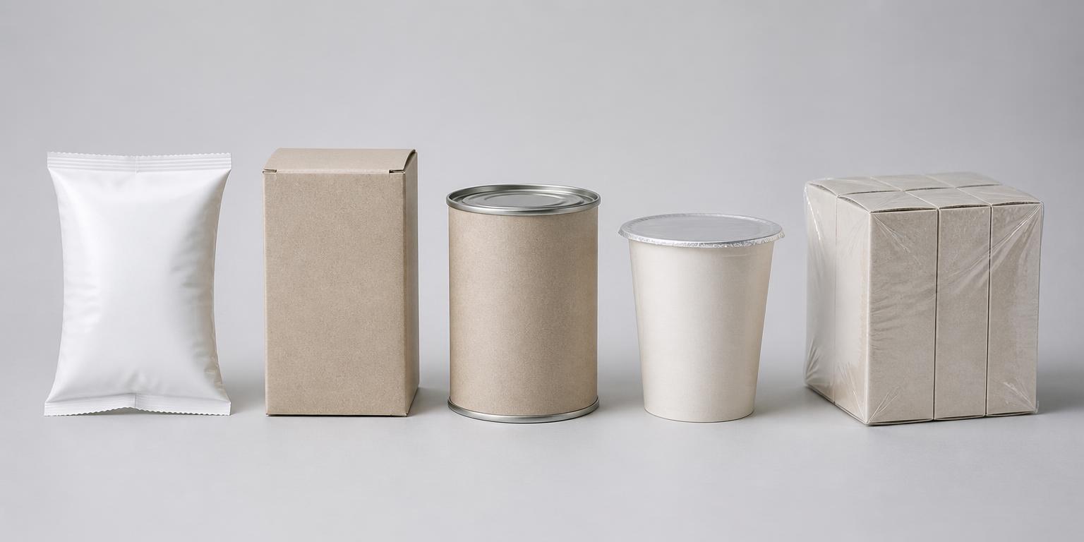 Fuenf unbedruckte Verpackungen nebeneinander: Schlauchbeutel, Faltschachtel, Wickeldose, Becher und Multipack