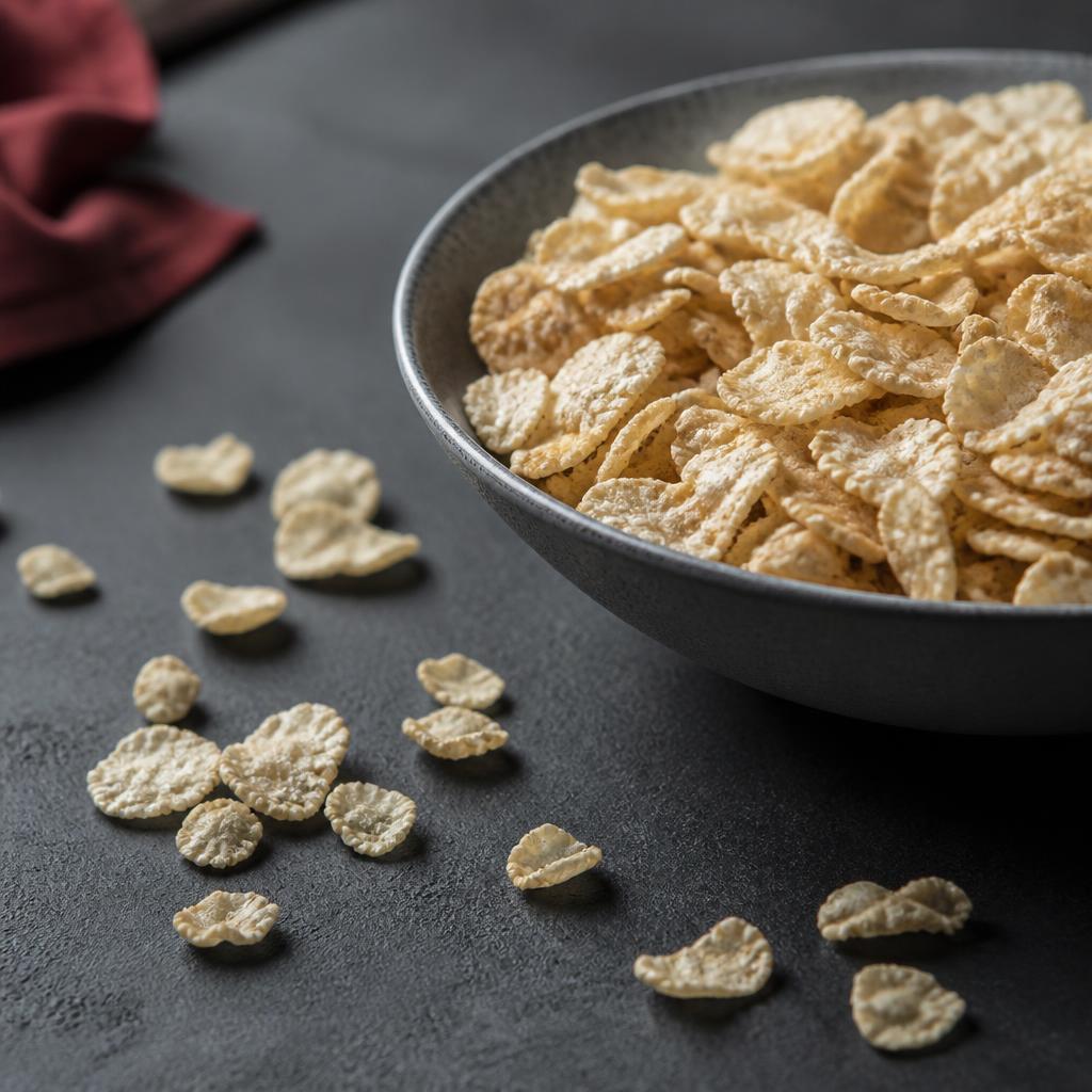 Cornflakes in einer Schale und einzeln daneben auf dunklem Untergrund