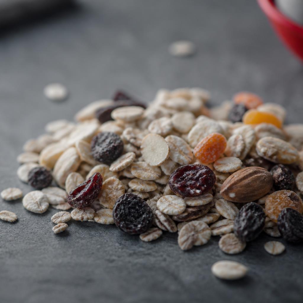 Muesli aus Haferflocken, Fruchtstuecken und Nuessen auf dunklem Untergrund