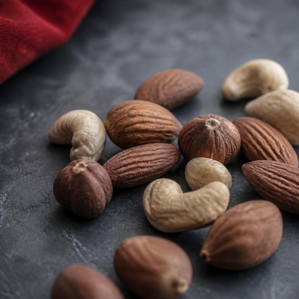 Nussmischung aus Mandeln, Haselnuessen und Cashewkernen auf dunklem Untergrund